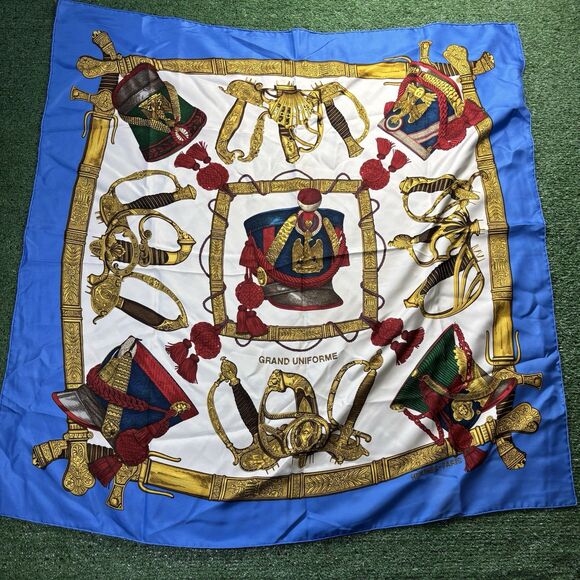 RARE VINTAGE HERMES Silk Scarf "Grand Uniforme" Carre 90 by Joachim Metz Blue - Picture 1 of 10